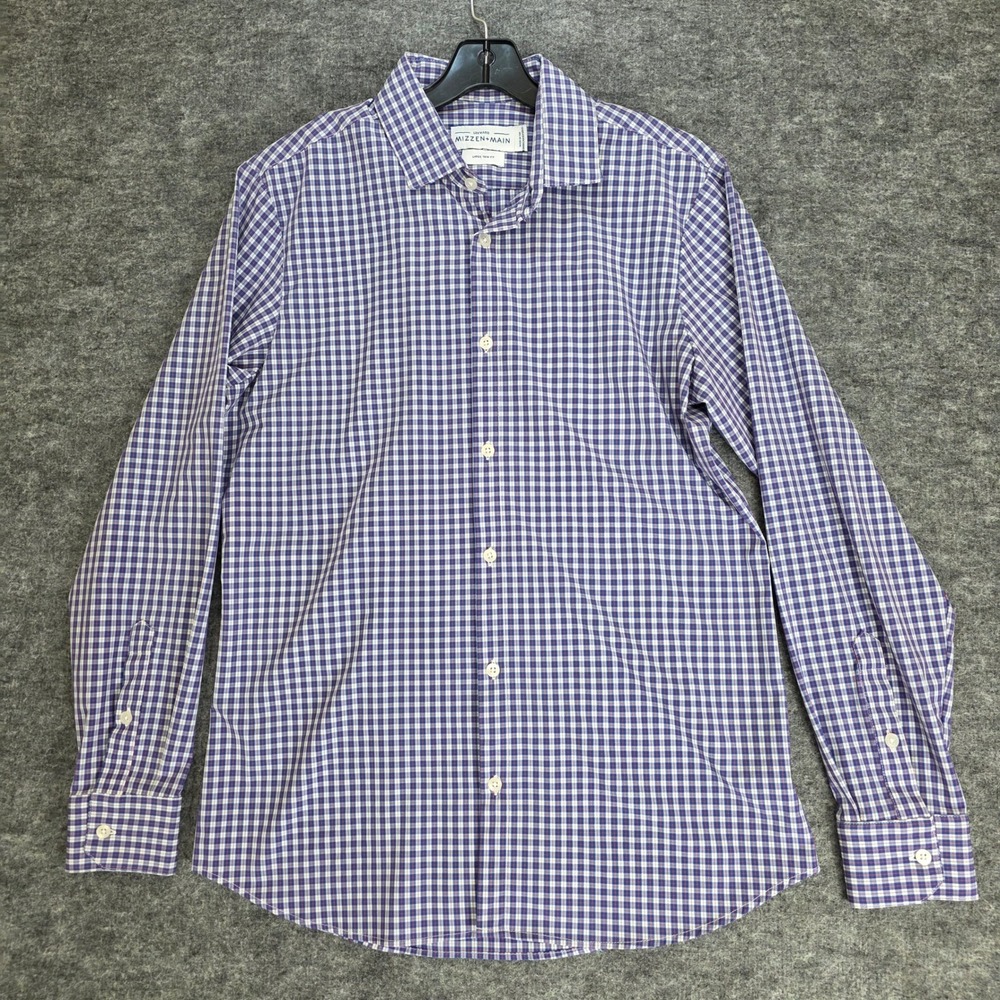 Mizzen+Main Dress Shirt‎ Mens Large Blue Gingham Leeward Trim Fit Performance